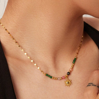 Gold Sun Necklace with Beads- Multi Colored