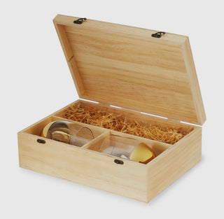 Wood Wine Gift Box with 2 Gold Dipped Stemless Glasses