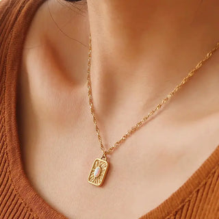 Rectangle Stone Sun Necklace- Yellow Gold